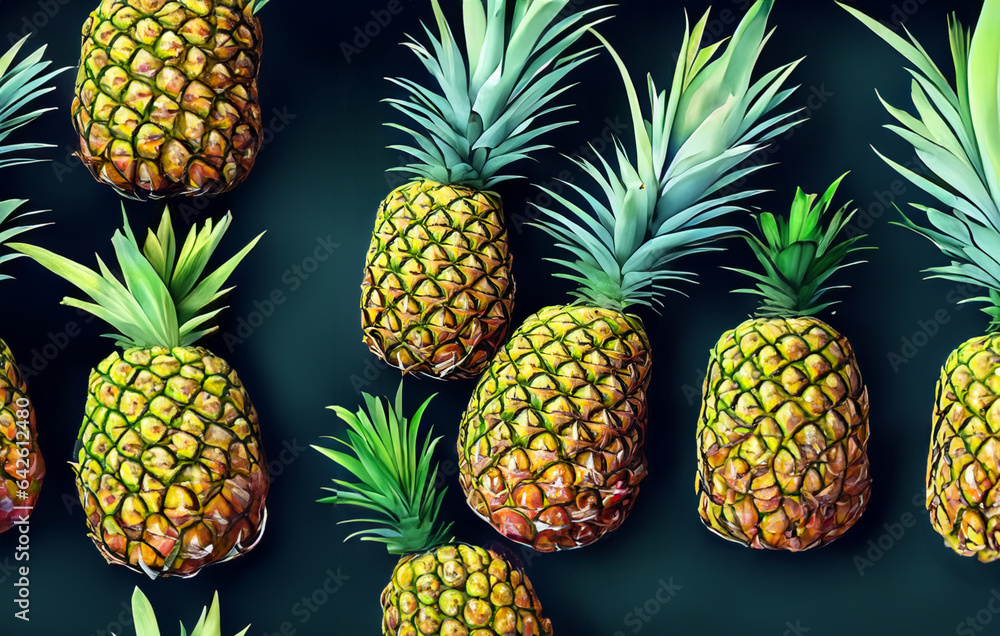 Group of pineapples placed on a green background. Group of pineapples placed on a green background.