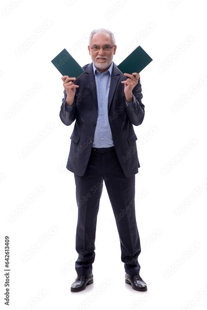 Old businessman holding books isolated on white Old businessman holding books isolated on white