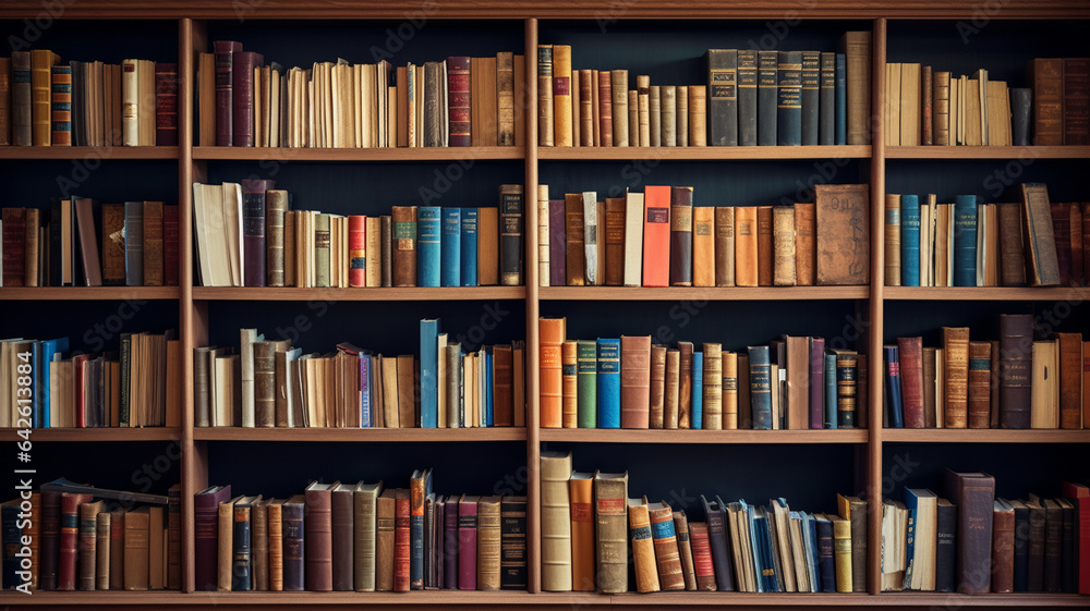 many different books on wooden shelves in library. many different books on wooden shelves in library.