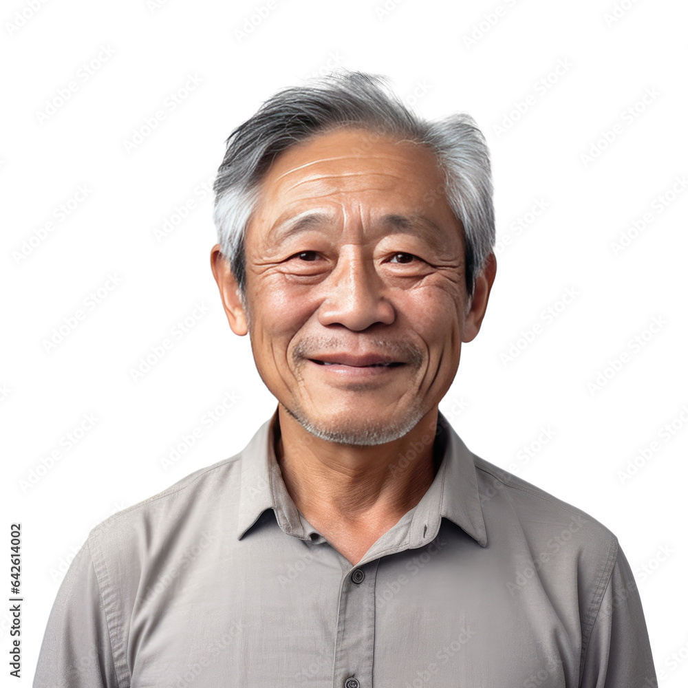 Happy senior Asian man looking at camera in isolated transparent background Happy senior Asian man looking at camera in isolated transparent background