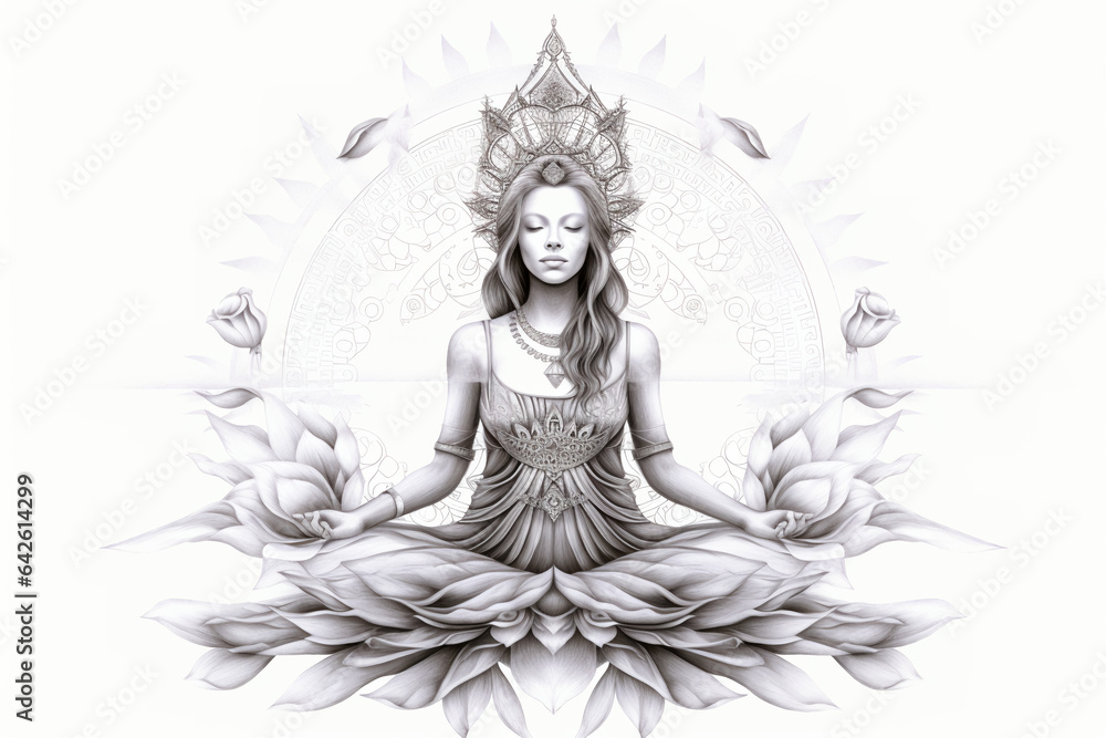 B&L line art image of blossoming goddess in lotus position, meditating, showing an overlay of the 7 chakras in its respective position over her, on white background
