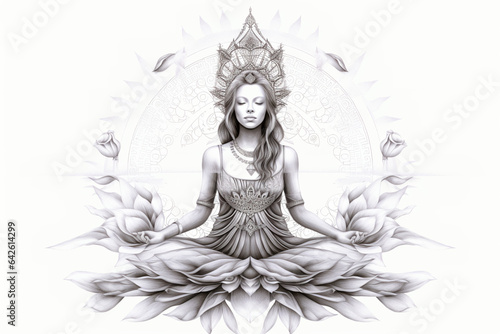 B&L line art image of blossoming goddess in lotus position, meditating, showing an overlay of the 7 chakras in its respective position over her, on white background