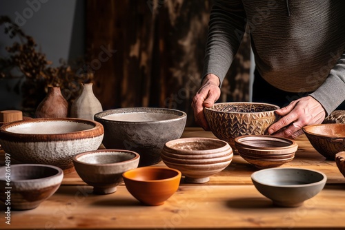 Artisan Arranging Handcrafted Ceramic Bowls on Wooden Table