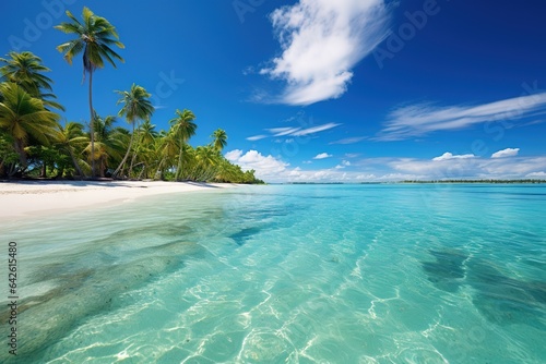 Beautiful tropical beach with white sand, palm trees, turquoise ocean against blue sky with clouds on sunny summer day. Perfect landscape background for relaxing vacation, island of Maldives.