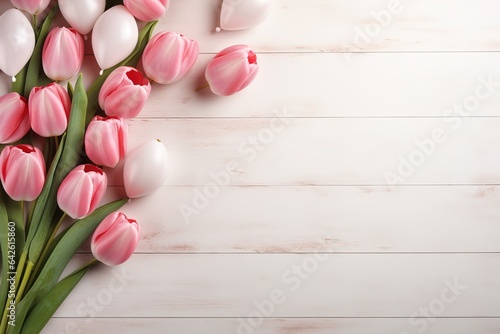 Womens Day composition on white wooden background with copy space