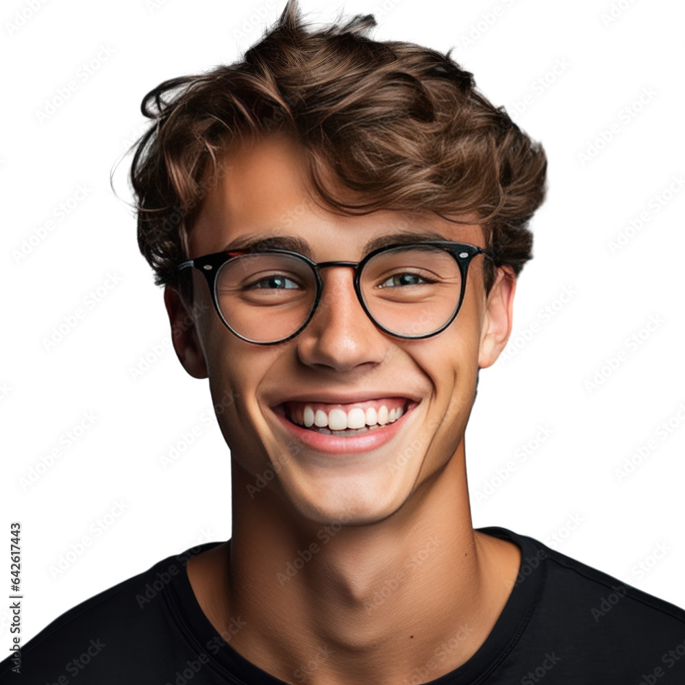 Smiling caucasian teenager on transparent background with glasses