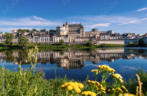  View of the famous historical Royal Castle reflected in the River Loire illuminated by the sunlight, on the Loire Valley in Amboise, France