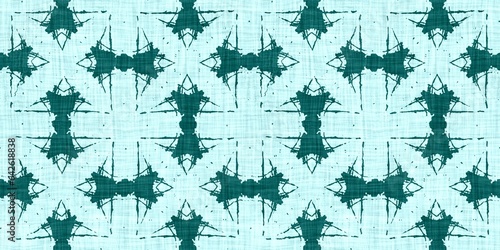 Teal green white vibrant watercolor batik azulejos tile border banner background. Seamless aqua coastal blur linen effect geometric mosaic effect.Boho Patchwork nautical masculine summer ribbon trim. 