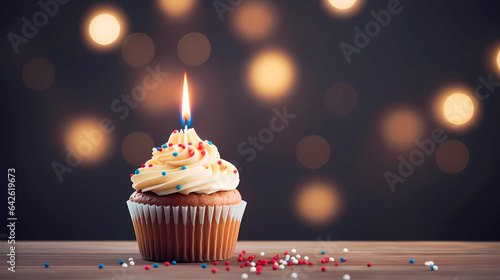 Birthday cupcake with colored sprinkles and one birthday cake candle with blurred lights on a dark background.  Copy space.
