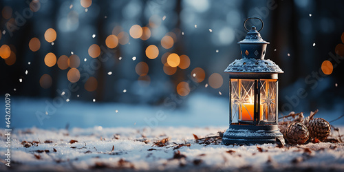 Christmas lantern with burning candle on snow in winter forest with bokeh background