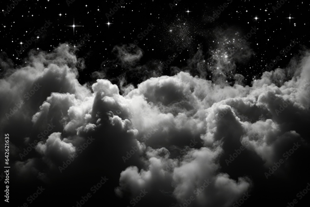 Fototapeta premium A black and white photo of clouds and stars. Generative AI image.