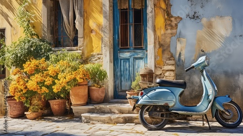 Fototapeta Naklejka Na Ścianę i Meble -  sztuka komputerowa przedstawiajaca klasyczny skuter na wluskiej uliczce,