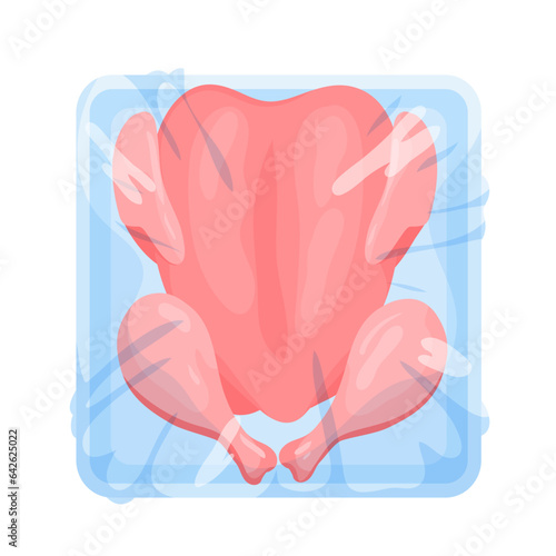 Whole chicken carcass in plastic tray vector illustration. Cartoon isolated frozen or raw chilled poultry meat in supermarket polystyrene package, broiler in square clear wrap pack for storage