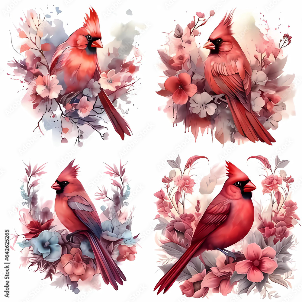Red Cardinals on a branch with flowers clipart on a white background ...