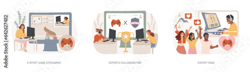 Video game show isolated concept vector illustration set. E-sport game streaming, eSports collaboration, fan club and community, computer game, champion league, global entertainment vector concept.