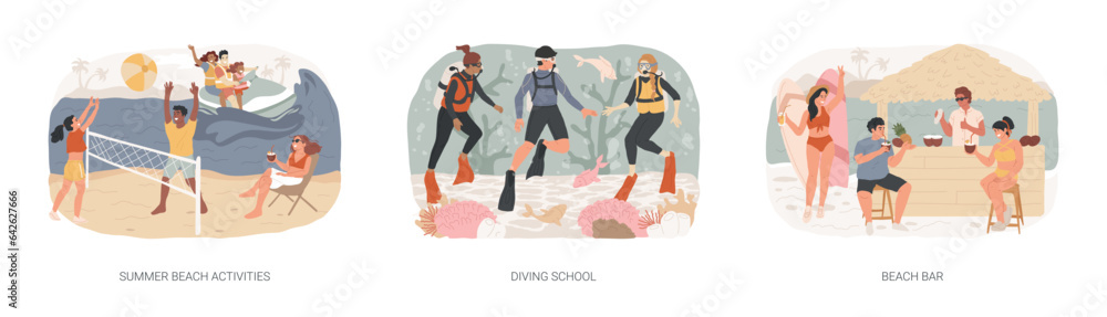 Summer resort isolated concept vector illustration set. Beach activities, surfing and diving school, beach bar, sea coast restaurant, water sport, scuba diver, tropical cocktail vector concept.