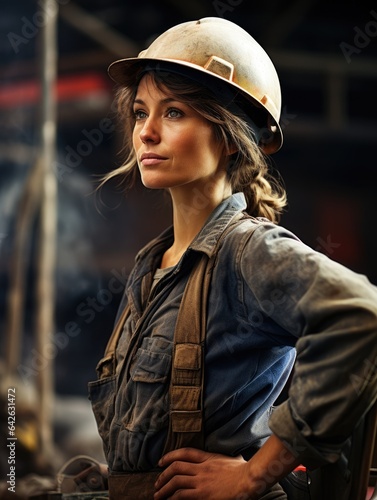 Portrait of woman industrial worker in hardhat posing for photo