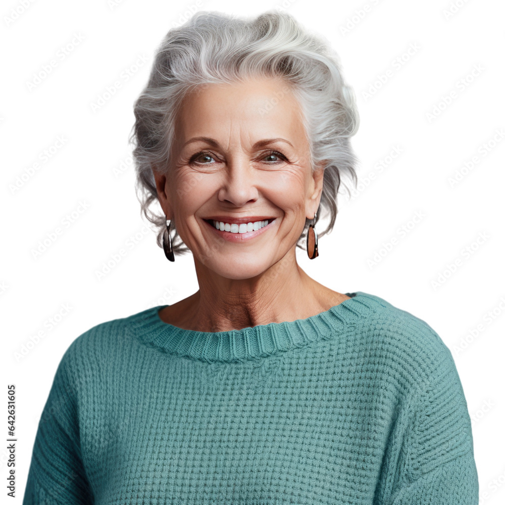 Headshot of joyful accomplished older woman in blue sweater standing alone with arms folded transparent background Happiness and positivity apparent Headshot of joyful accomplished older woman in blue sweater standing alone with arms folded transparent background Happiness and positivity apparent