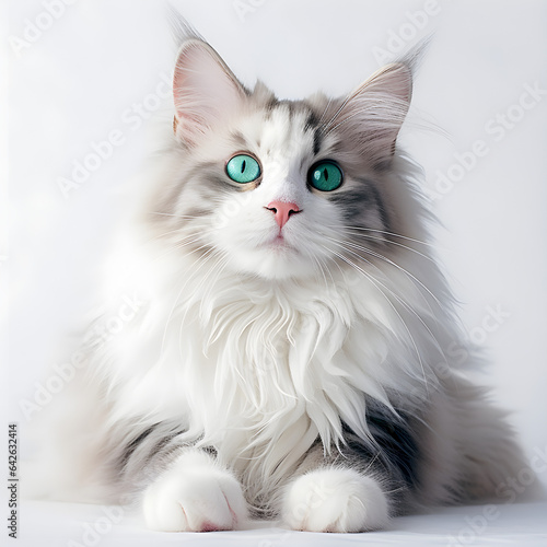 Illustration of a pristine white cat with mesmerizing green eyes, capturing the elegance and mystique of this feline beauty