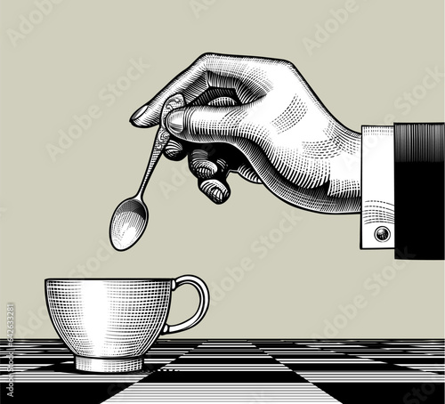 Man's hand with a teaspoon over a cup of coffee on a chess tabletop. Vintage engraving stylized drawing. Vector illustration