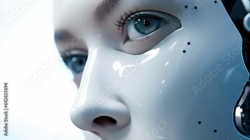 a woman s face  with the eyes closed and her head tilted to the camera she is wearing a robot mask