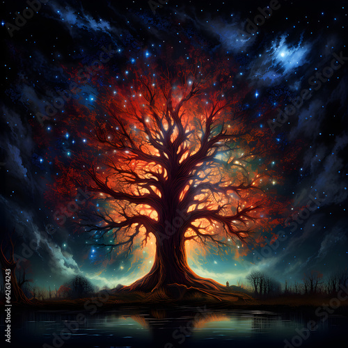 Illustration of a luminous tree standing tall in a fantastical forest  radiating an enchanting glow that brings the magic of the woods to life