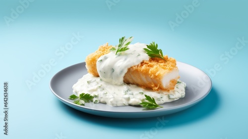 Delicious Fish Fillet and Tartar Sauce Food Combination Photorealistic Horizontal Illustration. Crispy and Creamy Dish. Ai Generated bright Illustration with Delicious Aromatic Fish Fillet.