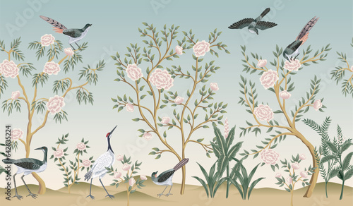 Chinese rose tree, plants, birds mural. Chinoiserie wallpaper. 