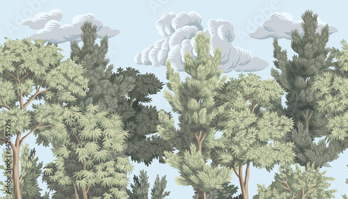 Forest with cloud nature mural. Landscape border. 