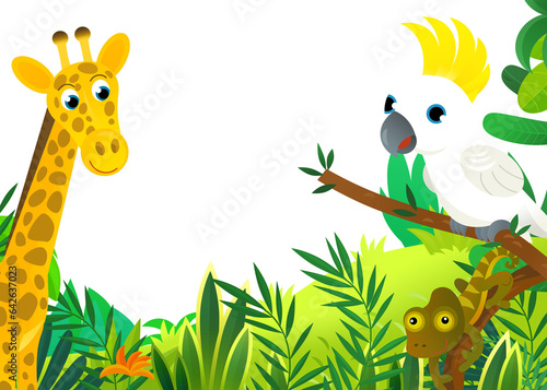 cartoon scene with jungle and animals and parrot bird being together as frame illustration for children