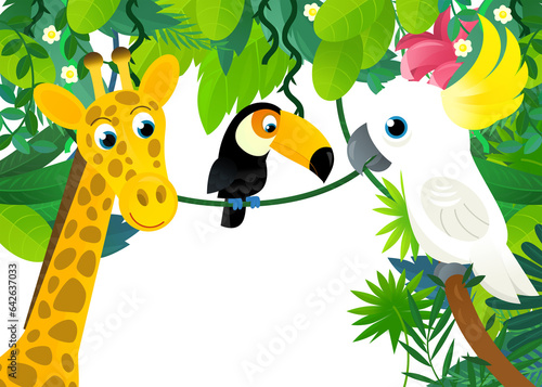 cartoon scene with jungle and animals and parrot bird being together as frame illustration for children