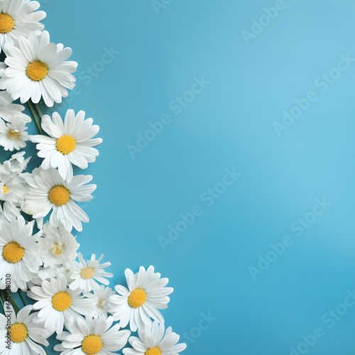 A blue background with white Daisy flowers around the border. A copyscape with room for text. Generative ai.  © PixelHD