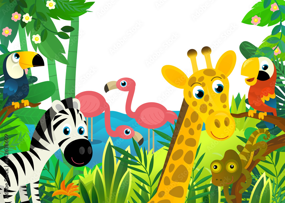 cartoon scene with jungle and animals and parrot bird being together as frame illustration for children cartoon scene with jungle and animals and parrot bird being together as frame illustration for children