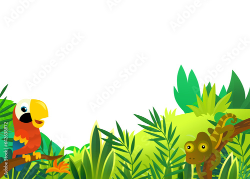 cartoon scene with jungle and animals and parrot bird being together as frame illustration for children