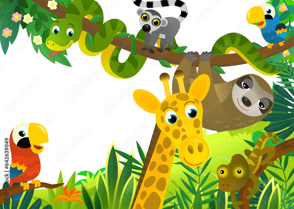 Naklejka premium cartoon scene with jungle and animals and parrot bird being together as frame illustration for children