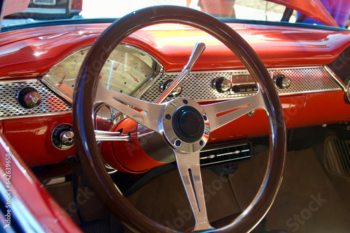 closeup details of the interior of a vintage auto