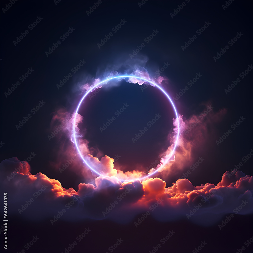 Obraz premium Abstract circular cloud illuminated with neon. Generative ai. 