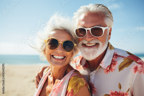 Portrait of an older senior couple smiling at a beach © Karl