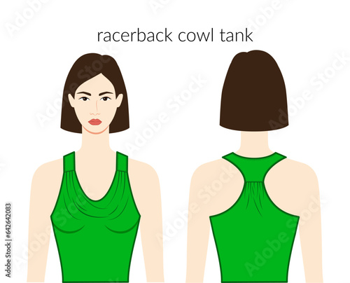Racerback cowl neckline tank clothes character beautiful lady in green top, shirt, dress technical fashion illustration with fitted body. Flat apparel template front, back sides. Women, men CAD mockup