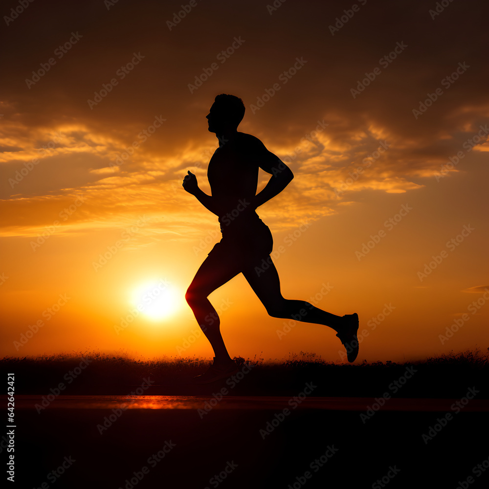 Silhouette of a man running with the sunset in the background. A health and exercise concept. Generative ai. 