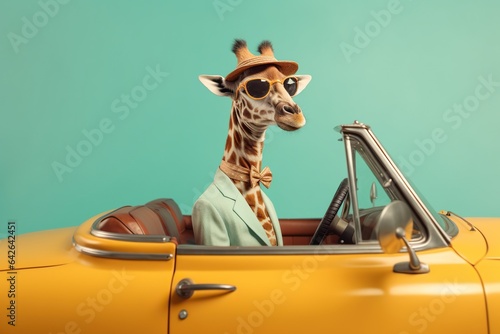 a cute giraffe in retro car on colored background