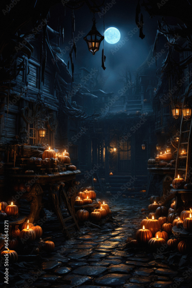 Obraz premium Halloween spooky background, scary pumpkins with smoke in old big creepy Happy Haloween ghosts horror house inside big empty foggy room. Creepy october dark smoky mysterious night backdrop concept.