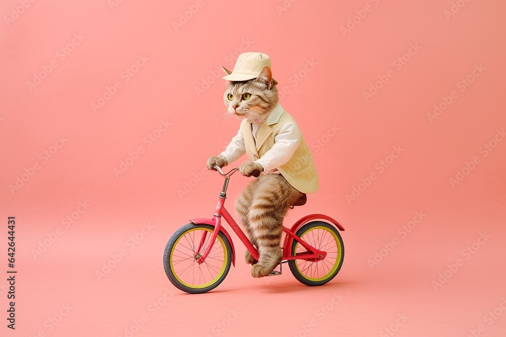Naklejka premium a cat in retro clothes cycling on colored background