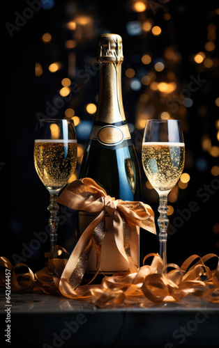 Celebrate the New Year in style with a banner featuring an elegant champagne bottle and vibrant New Year's decorations, perfectly suited for booklets, postcards, and covers.