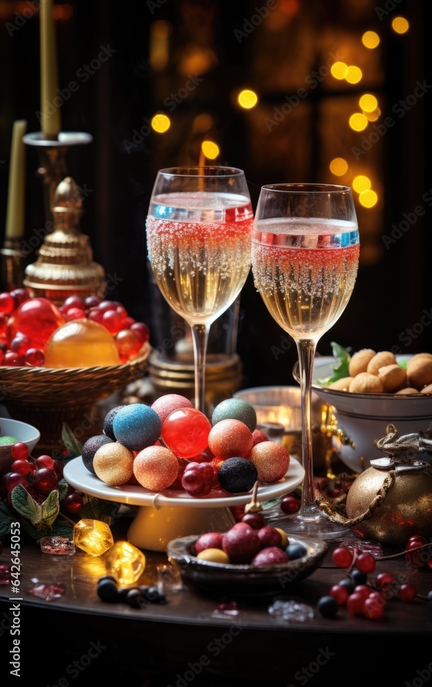 In this Christmas still life, a champagne glasses takes center stage, illuminated by the warm, festive atmosphere.