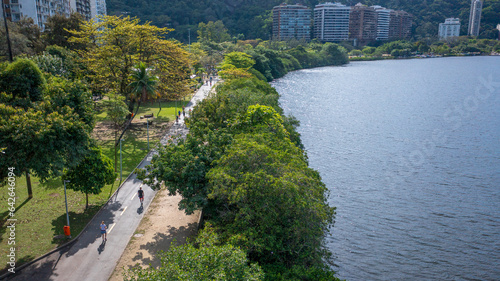 Aerial view of the leisure area and running track at Lagoa Rodrigo de Freitas, where people are jogging and exercising on a beautiful winter's morning in Rio de Janeiro. photo