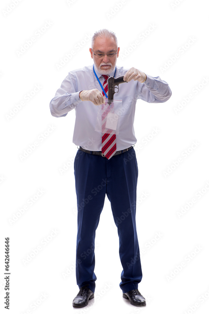 Old criminologist isolated on white Old criminologist isolated on white