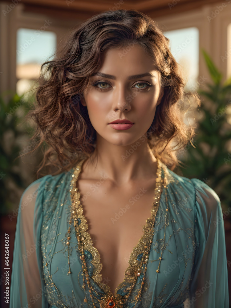 Beautiful, confident woman with brown hair and hazel eyes wearing a dress, standing in a luxury tropical villa, portrait Beautiful, confident woman with brown hair and hazel eyes wearing a dress, standing in a luxury tropical villa, portrait