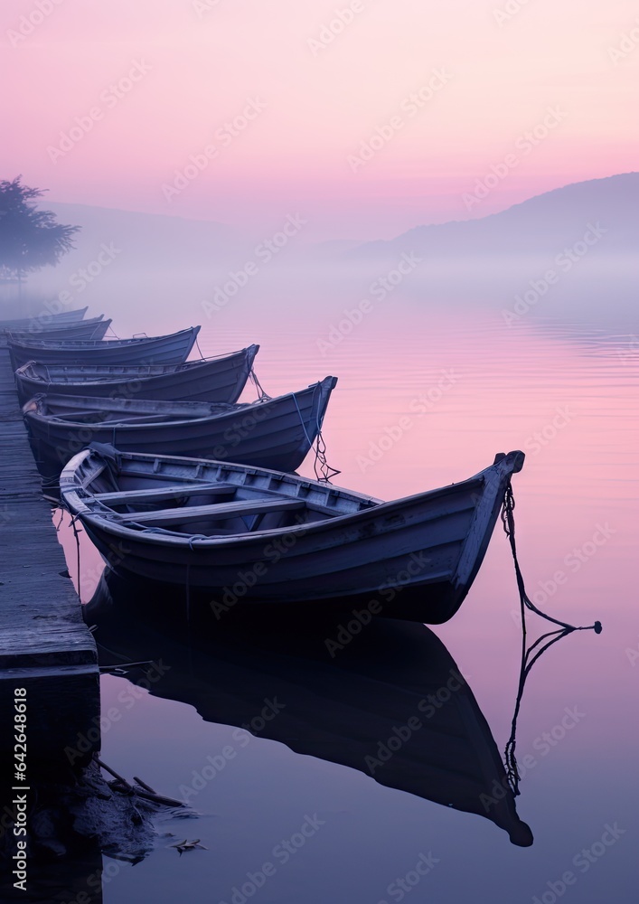 some boats in the water at sunset with pink and purple hues on the sky, as seen from across the lake