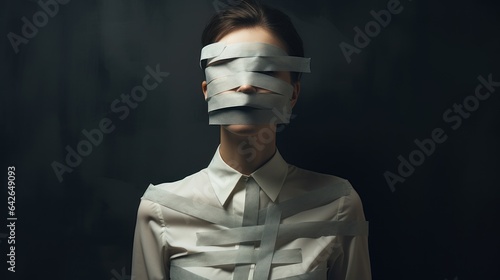 a photo of a beautiful young woman with tape band on her face and mouth. sexist discrimination of women. no freedom of speech. domestic violence abuse. isolated on grey wall background. Generative AI